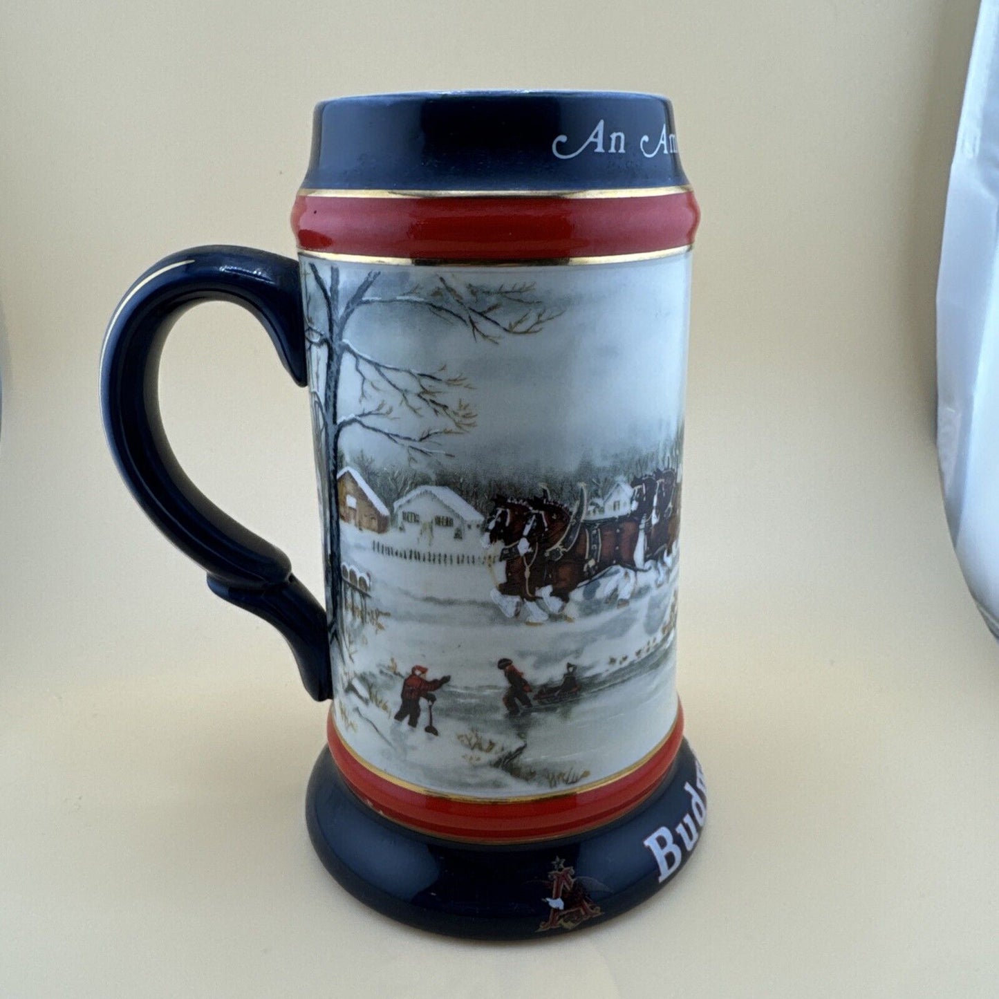 Budweiser Holiday Stein Beer Mug 1990 An American Tradition Christmas Clydesdale