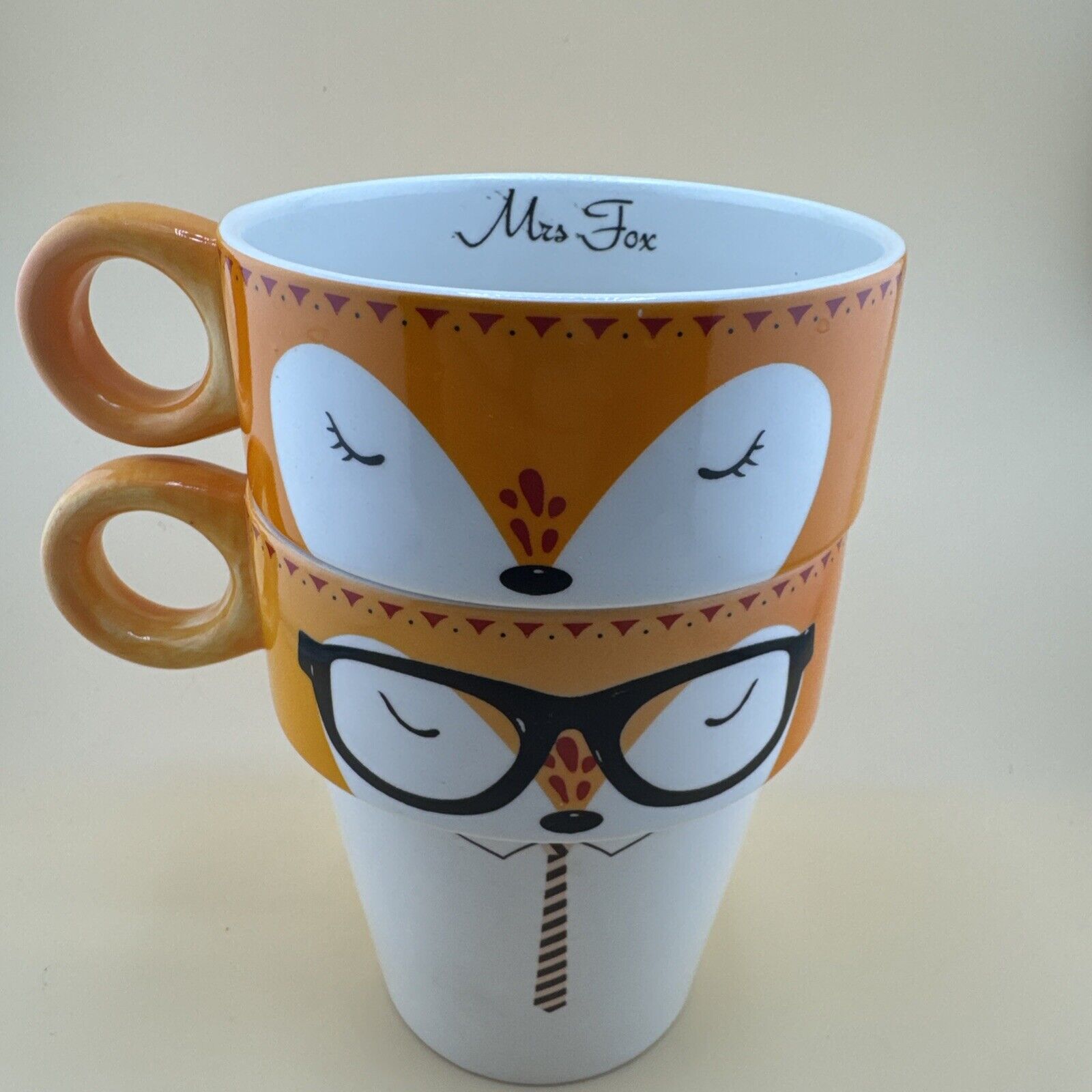 Arlington Designs MR. & MRS. FOX Mugs Pair Set of 2 16oz. White Orange 4.5in H