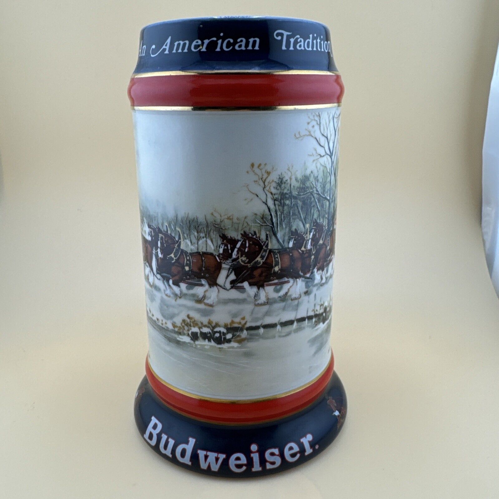 Budweiser Holiday Stein Beer Mug 1990 An American Tradition Christmas Clydesdale