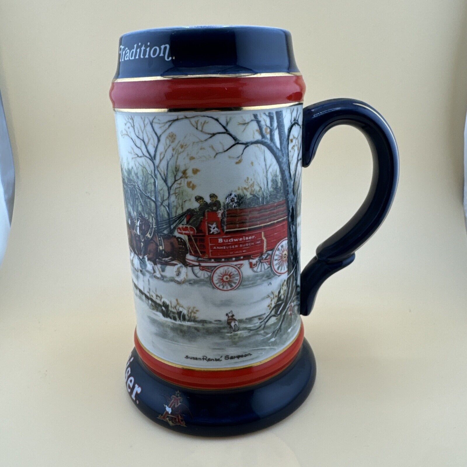 Budweiser Holiday Stein Beer Mug 1990 An American Tradition Christmas Clydesdale