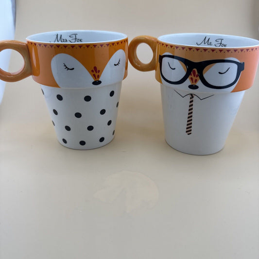 Arlington Designs MR. & MRS. FOX Mugs Pair Set of 2 16oz. White Orange 4.5in H
