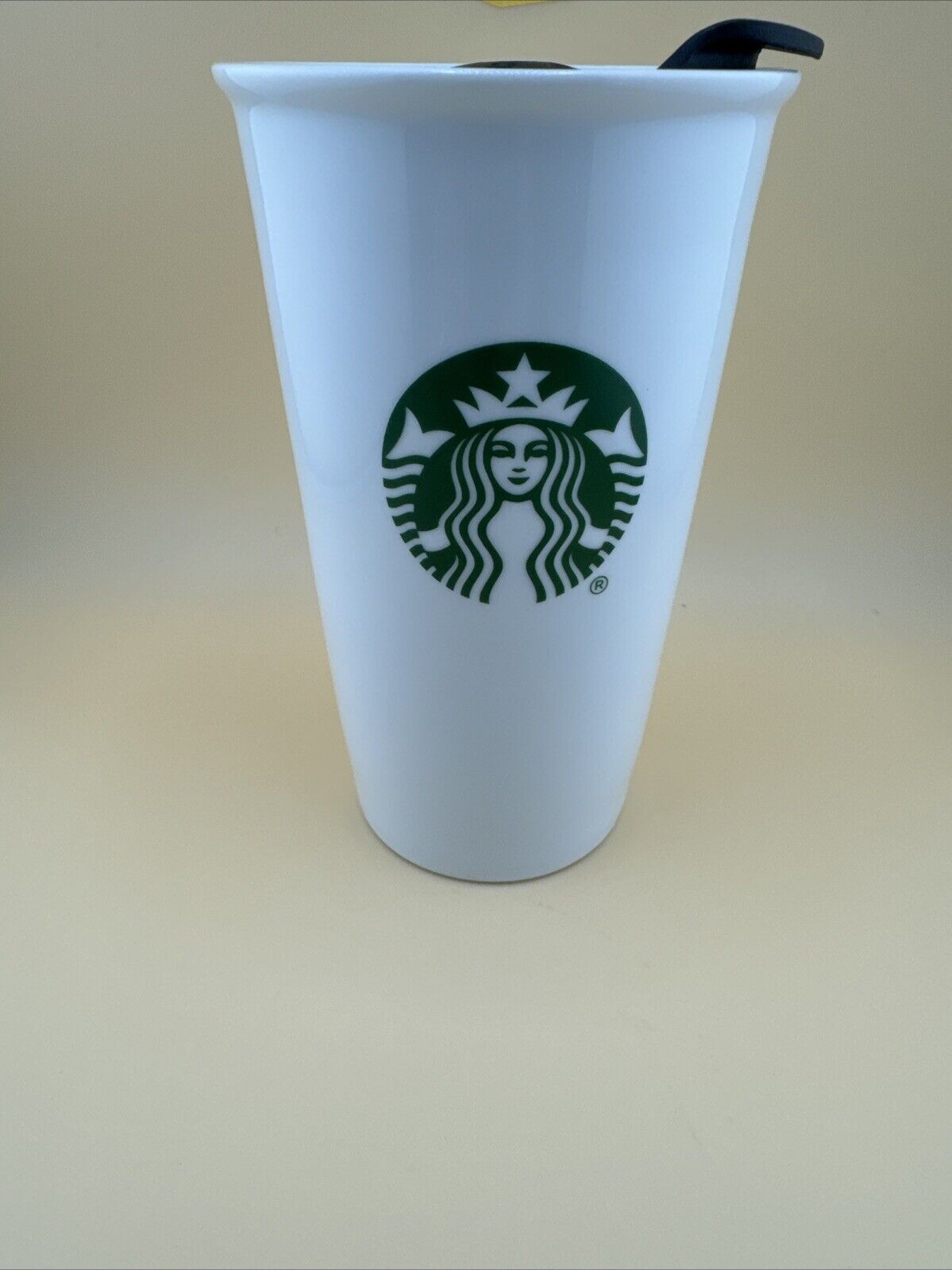 Starbucks Green Siren Logo Travel Ceramic Tumbler Mug 10 Oz White with Lid 