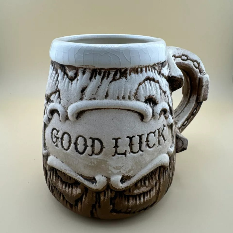 Vintage fake wood "Good Luck" beer mug by Nanco Boston Mass, Made In Japan 🍺VG