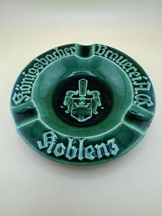 Konigsbacher Brauerei German Beer Cigar Ash Tray Green Ceramic Vintage