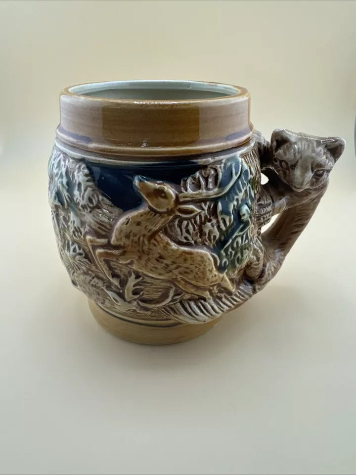 Vintage Lego Japan Embossed Forest Scene Mug Fox Handle Drinking Cup