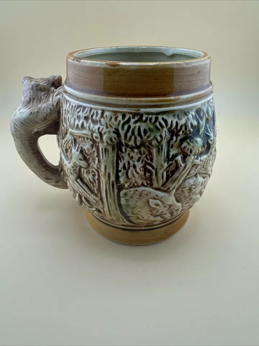 Vintage Lego Japan Embossed Forest Scene Mug Fox Handle Drinking Cup