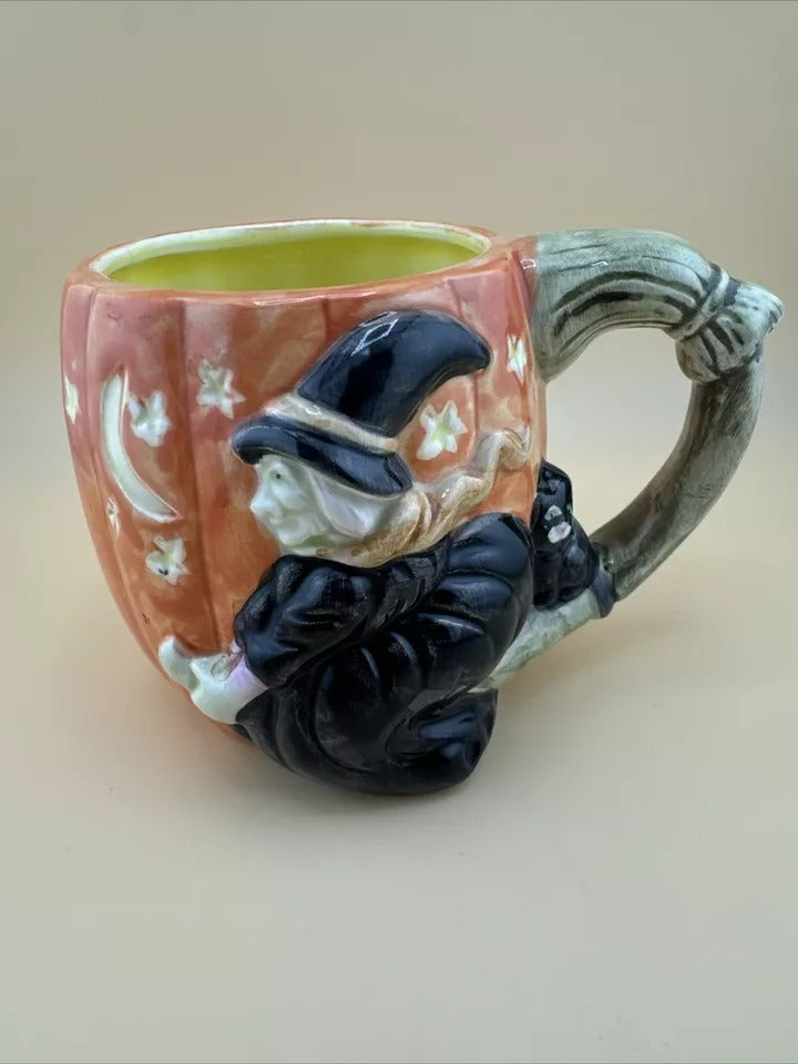 FITZ and FLOYD 1987 WITCH PUMPKIN BLACK CAT 12 oz MUG USED