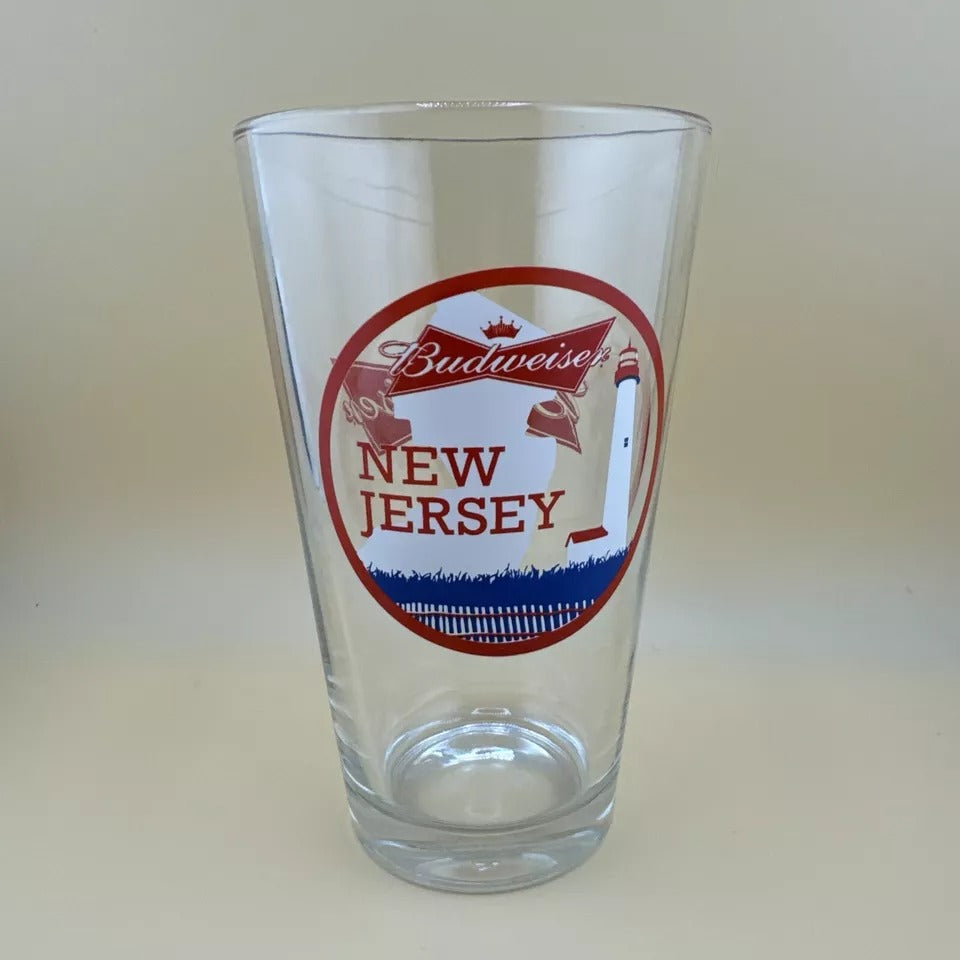 Budweiser Pint Beer Glass New Jersey US States Lighthouse 6"